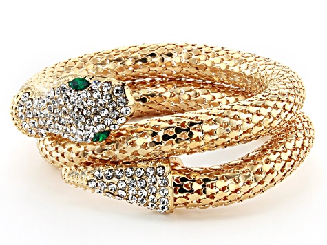 Green and white crystal gold tone mesh snake wrap bracelet