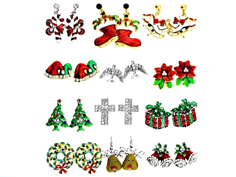 Crystal Gold & Silver Tone Set Of 12 Christmas Theme Earrings - OPC774 ...