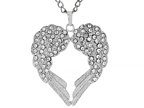 White Crystal Silver Tone Angel Wing Heart Pendant With Chain