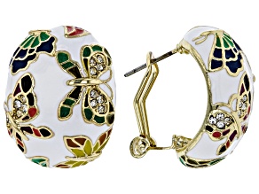 White Crystal With Multi-Color Enamel Gold Tone Butterfly Earrings