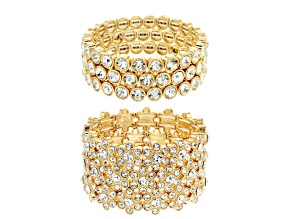 White Crystal Gold Tone Set Of 6 Flower Stretch Bracelet