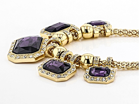 Purple And White Crystals Gold Tone Necklace, Bracelet and Earring Set