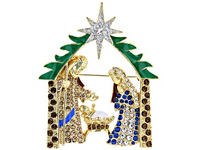 Multi-Color Crystal Gold Tone Nativity Scene Brooch