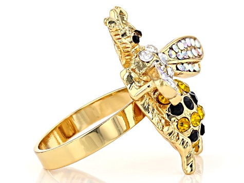 Multi-color Crystal Gold Tone Bee Ring
