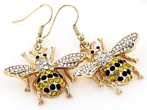 Multi-color Crystal Gold Tone Bee Earrings
