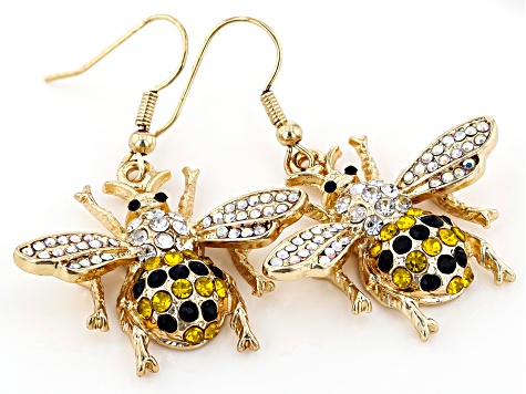 Multi-color Crystal Gold Tone Bee Earrings