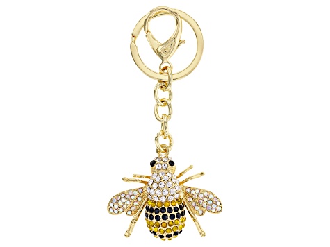 Black & White Bumble Bee Butterfly Keyring Diamonte Wings Gold Tone 