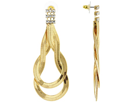 White Crystal Gold Tone Dangle Earrings