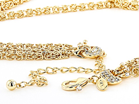 White Crystal Gold Tone Triple Strand Graduated Byzantine Necklace
