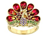 Gold Tone Multi-Color Crystal Peacock Ring