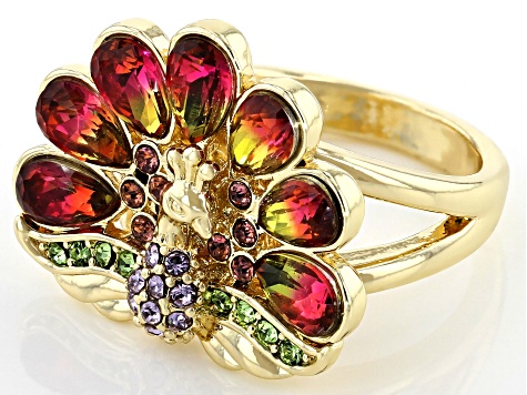 Gold Tone Multi-Color Crystal Peacock Ring