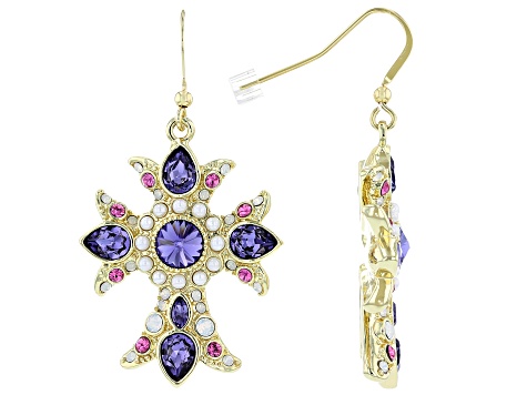 Purple Crystal Shiny Gold Tone, Cross Earrings