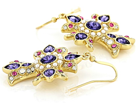 Purple Crystal Shiny Gold Tone, Cross Earrings
