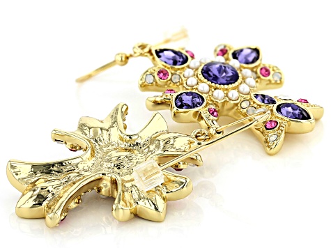 Purple Crystal Shiny Gold Tone, Cross Earrings