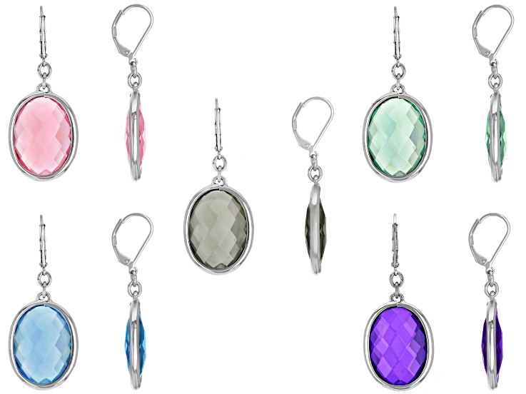 Multi-Color Crystal Silver Tone Earring Set of 5, 22x16mm
