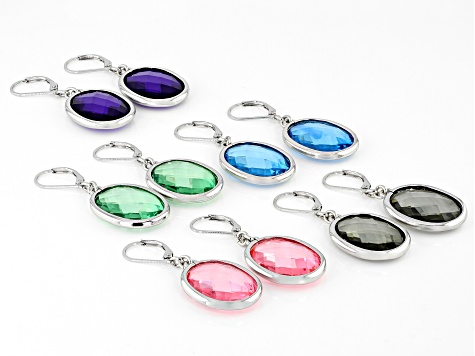 Multi-Color Crystal Silver Tone Earring Set of 5, 22x16mm