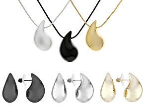 Gold Tone, Silver Tone, Hematine Tone Sculpted Teardrop Necklace & Earring Set of 6