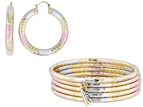 Tri-Tone Set of 5 Bangle Bracelets & 50mm Tri-Tone Hoop Earrings