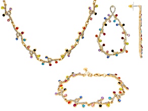 Multi-Color Crystal Gold Tone "Christmas String Lights" Earrings, Necklace & Bracelet Set