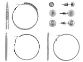 White Crystal Silver Tone Stud And Hoop Earring Set Of 6