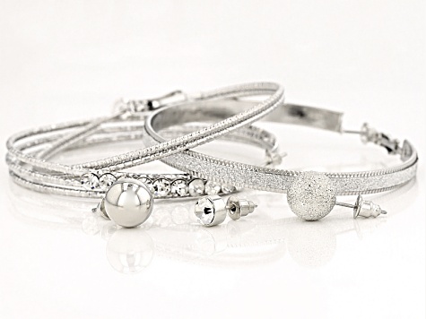 White Crystal Silver Tone Stud And Hoop Earring Set Of 6