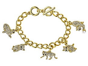 White Crystal Black Crystal Pearl Simulant Gold Tone Cat Charm Bracelet