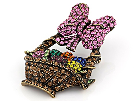 Multicolor Crystal Antiqued Gold Tone Easter Basket Brooch