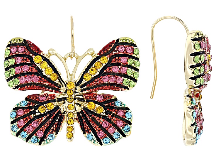 Multicolor Crystal Gold Tone Butterfly Dangle Earrings