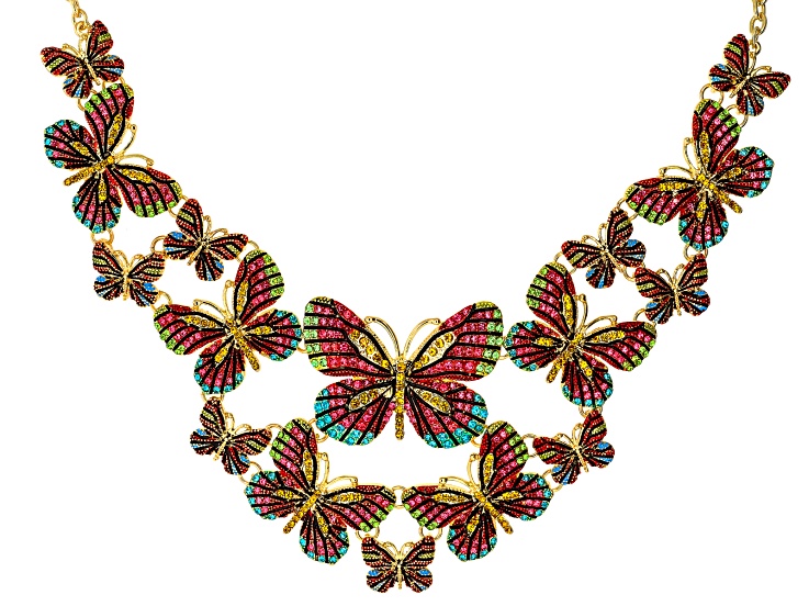Multicolor Crystal Gold Tone Butterfly Statement Necklace