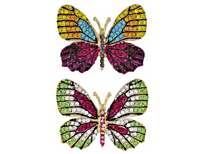 Multicolor Crystal Gold Tone Butterfly Brooch Set Of 2