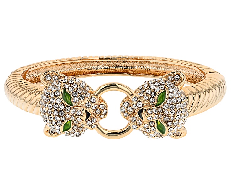 White Crystal Multicolor Enamel Gold Tone Jaguar Bracelet