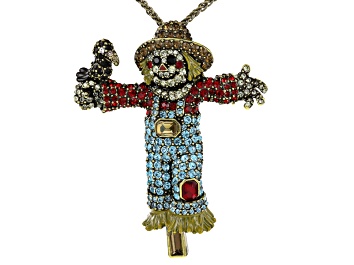 Picture of Multicolor Crystal Yellow Enamel Antiqued Gold Tone Scarecrow Pin/Pendant With Chain