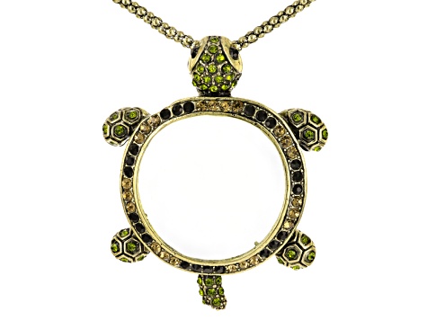 Multicolor Crystal Antiqued Gold Tone Turtle Magnifying Glass Necklace