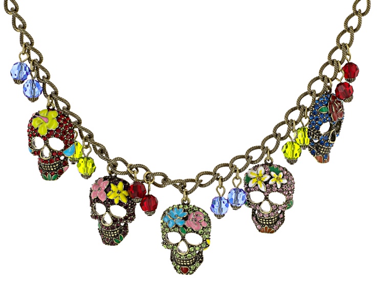 Multicolor Crystal Multicolor Enamel Antiqued Gold Tone Day Of The Dead Charm Necklace