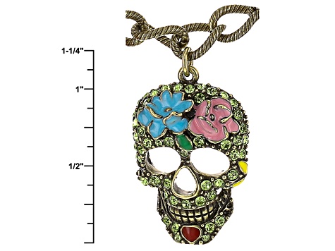 Multicolor Crystal Multicolor Enamel Antiqued Gold Tone Day Of The Dead Charm Necklace