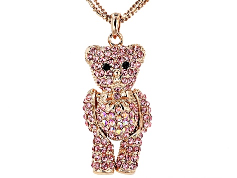 Pink Crystal Rose Tone Teddy Bear Pendant With Chain