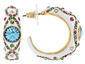 Multicolor Crystal White Enamel Gold Tone J Hoop Earrings