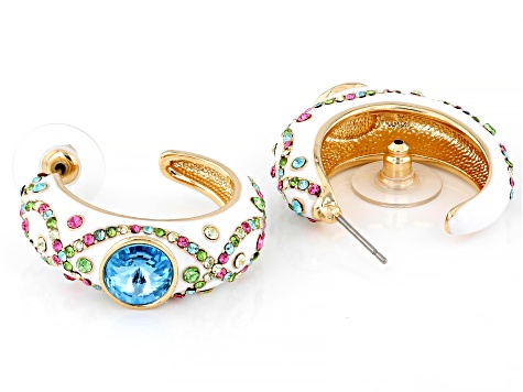 Multicolor Crystal White Enamel Gold Tone J Hoop Earrings