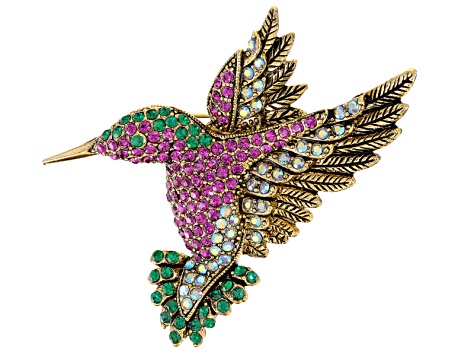Multi Color Crystal, Antiqued Gold Tone Hummingbird Brooch Pendant. - OPJ609 - Vimarsana News