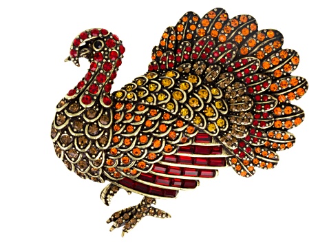 Antique Bronze Tone Multicolor Crystal Turkey Brooch