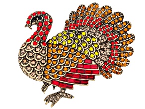 Multi-Color Crystal Antique Bronze Tone Turkey Brooch