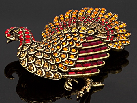 Antique Bronze Tone Multicolor Crystal Turkey Brooch
