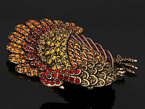 Antique Bronze Tone Multicolor Crystal Turkey Brooch