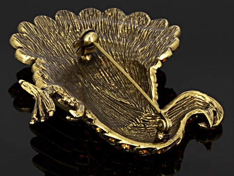 Antique Bronze Tone Multicolor Crystal Turkey Brooch