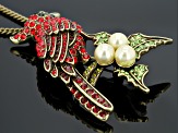 Antique Bronze Tone Multicolor Crystal Pearl Simulant Cardinal Brooch Pendant With Chain