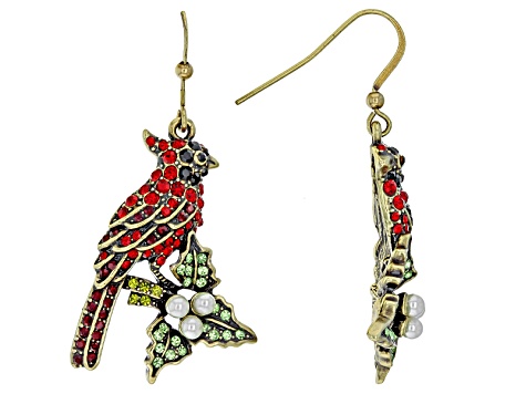 Multicolor Crystal Pearl Simulant Antiqued Gold Tone Cardinal Earrings