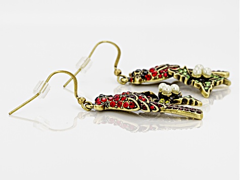 Multicolor Crystal Pearl Simulant Antiqued Gold Tone Cardinal Earrings