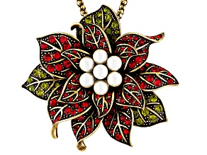Antiqued Gold Tone Multicolor Crystal Pearl Simulant Poinsettia Brooch Pendant With Chain