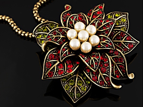 Antiqued Gold Tone Multicolor Crystal Pearl Simulant Poinsettia Brooch Pendant With Chain
