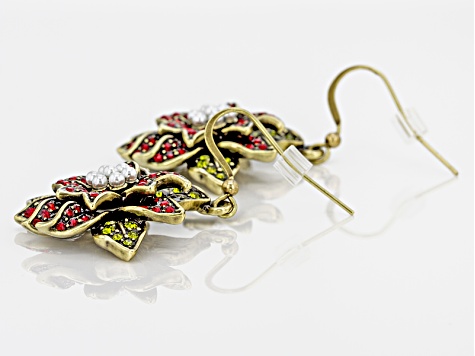 Multicolor Crystal Pearl Simulant Antiqued Gold Tone Poinsettia Earrings